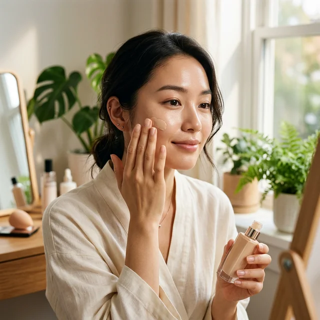 顔脱毛後、朝の日差しの中でリキッドファンデーションが肌にピタッと密着して薄づきに仕上がる様子