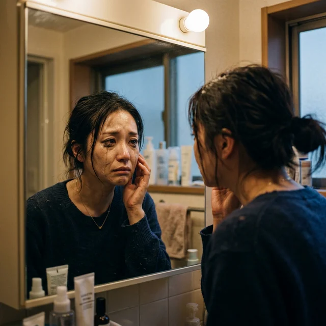 夕方になってファンデーションがドロドロに浮いて崩れ、鏡を見てショックを受ける女性