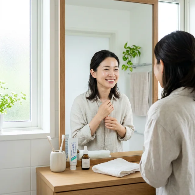 顔脱毛のおかげで朝のメイク時間が短縮され、すっぴん風のナチュラルメイクで満足げに微笑む女性