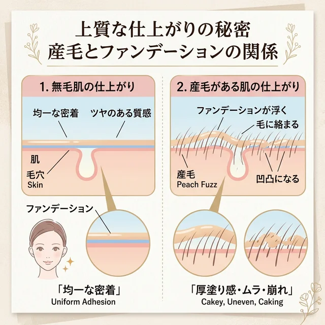 顔の産毛が原因でファンデーションが肌から浮いてしまうメカニズムを図解した断面イラスト