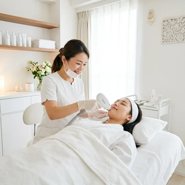 清潔感のあるDione（ディオーネ）のサロンで、痛みのない顔脱毛の光照射をリラックスして受ける様子